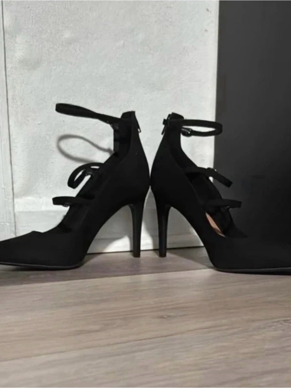 Christian Siriano Black Strappy Pointed-Toe Stiletto Heels